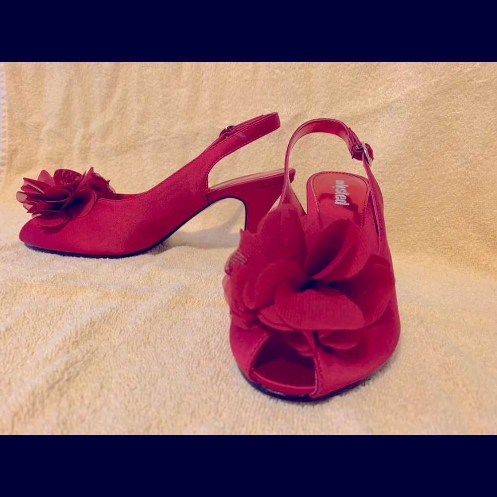 Sexy, Red satin sling-back shoes.